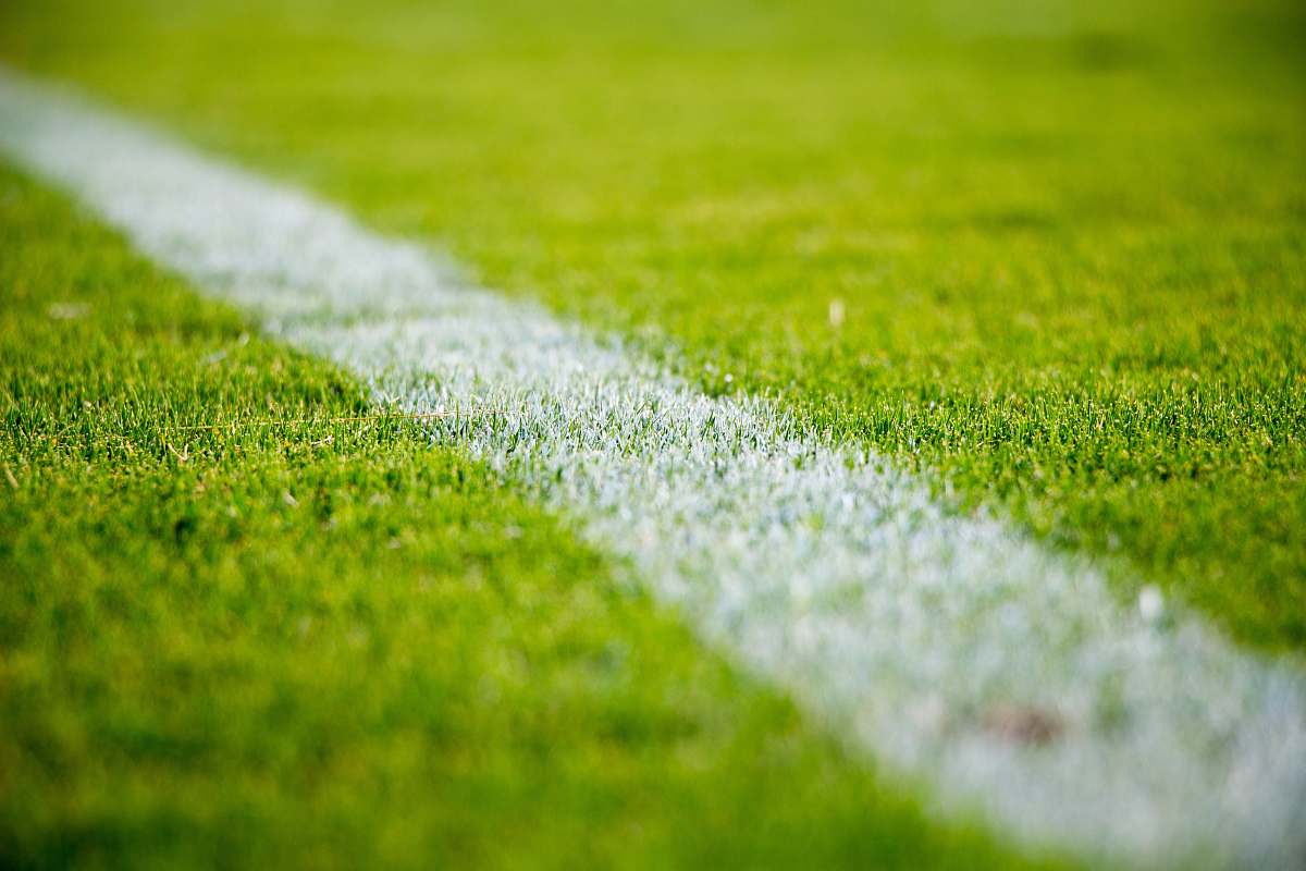 football Close-up of a white line on green grass in a soccer field grass