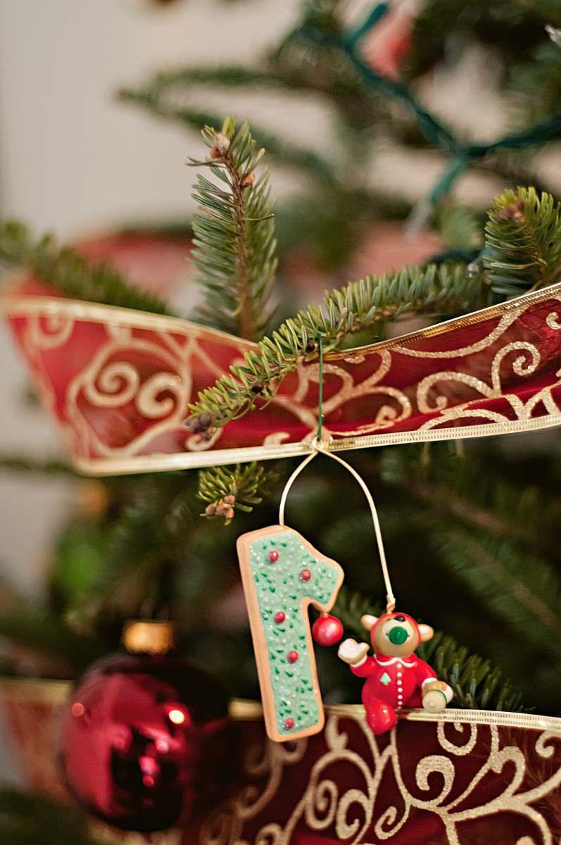 plant blue number 1 ornament hung on Christmas tree ornament