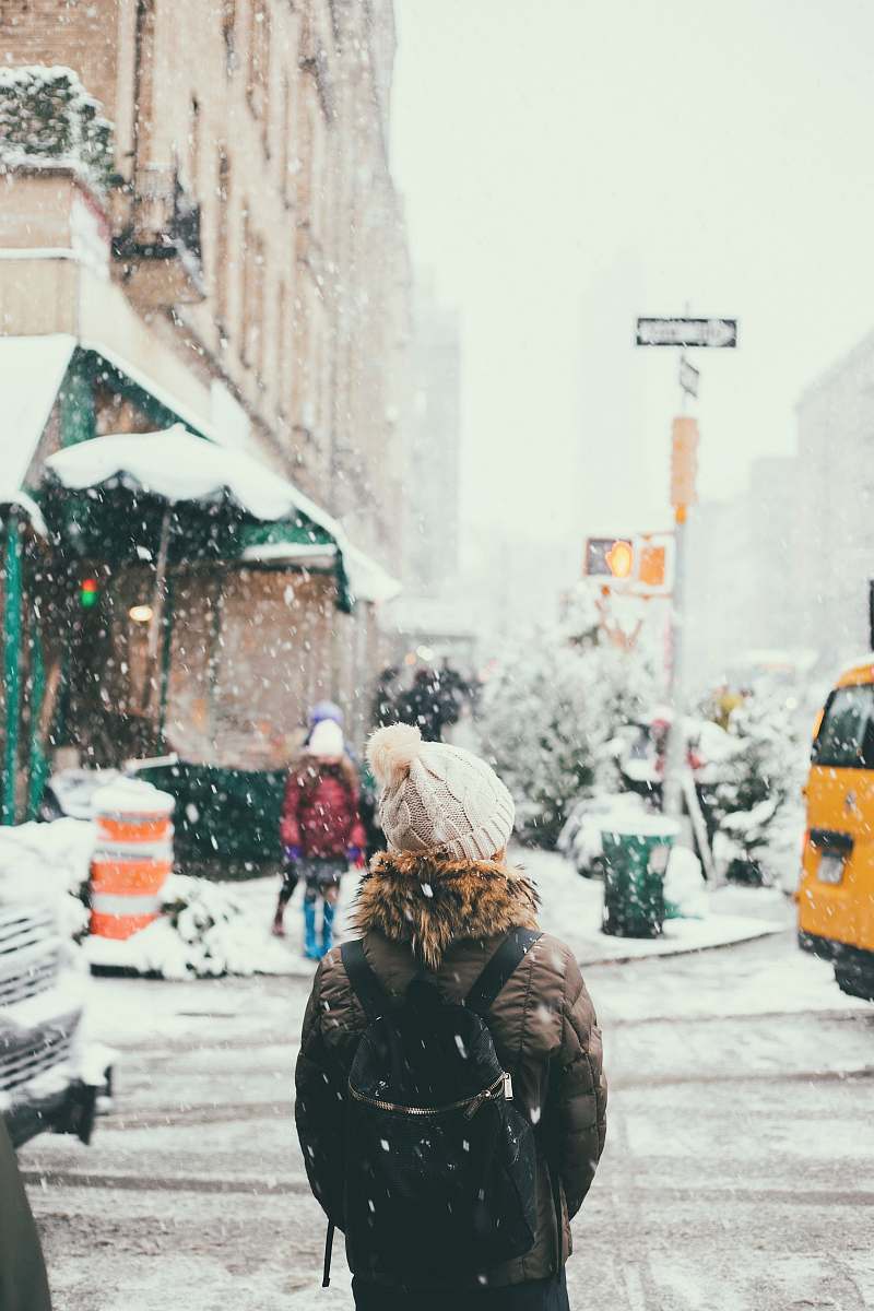 snow woman in brown jacket standing beside road upper west side
