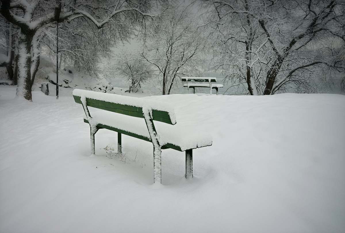  green bench covered with snow 
