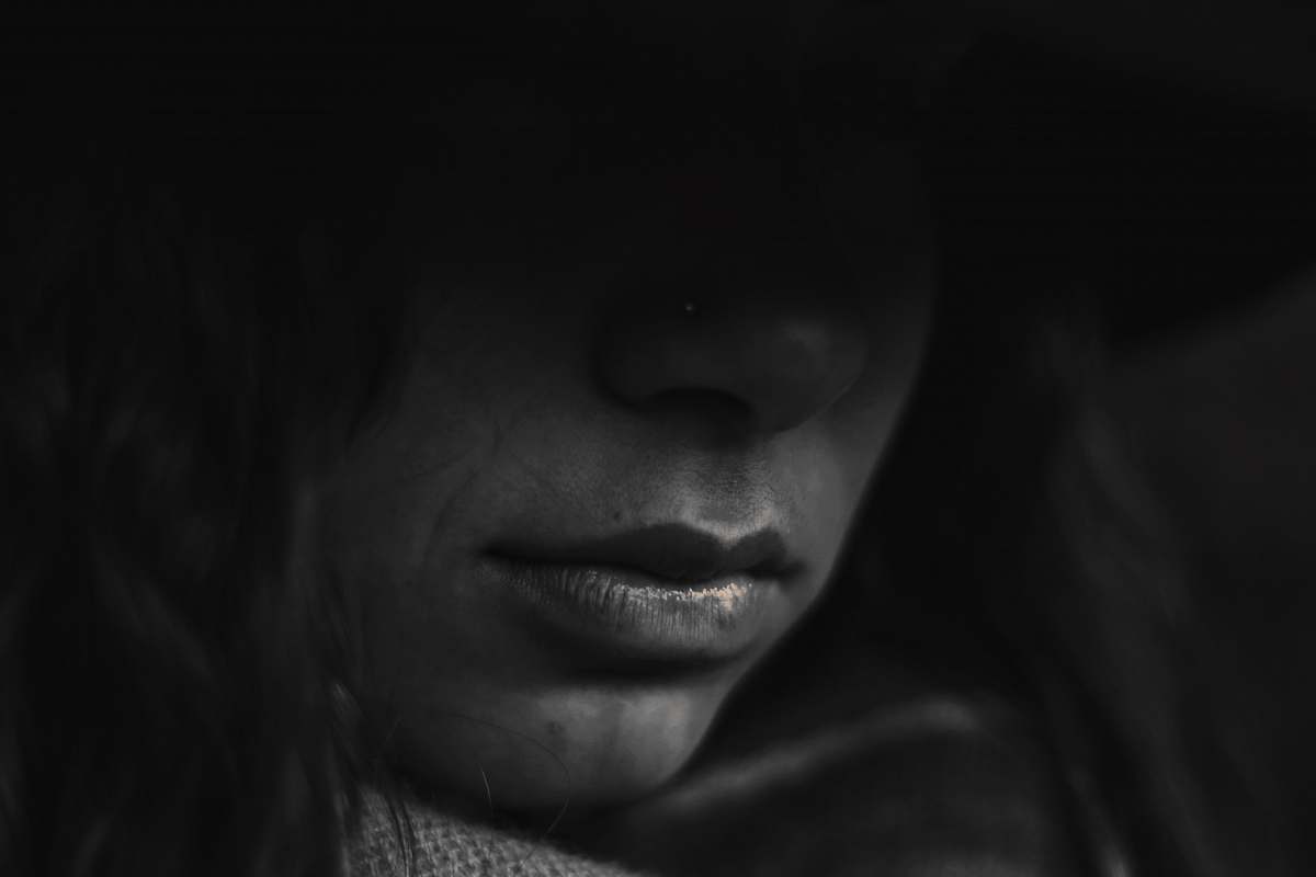 human grayscale photo of person's lips face