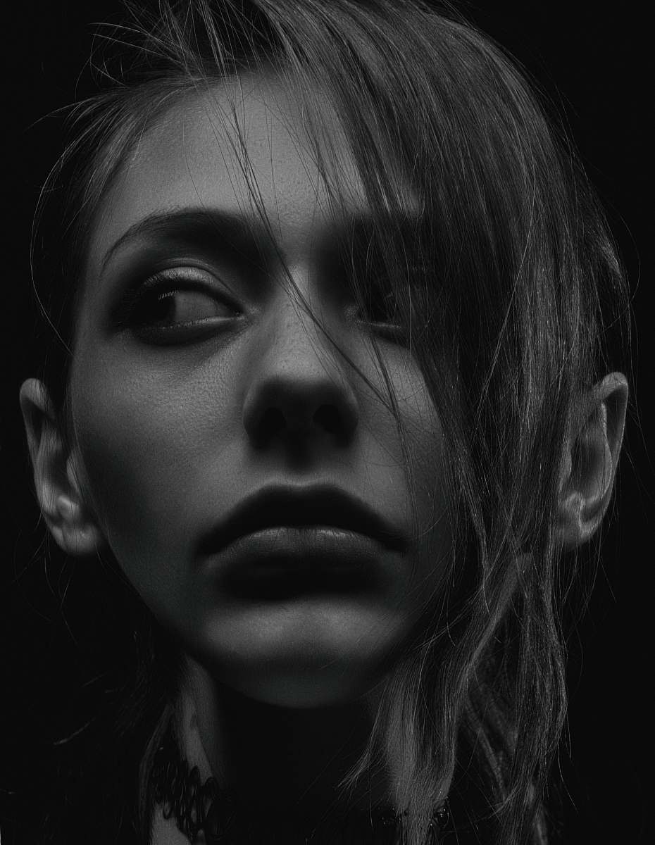 human grayscale photography of woman wearing choker necklace black-and-white