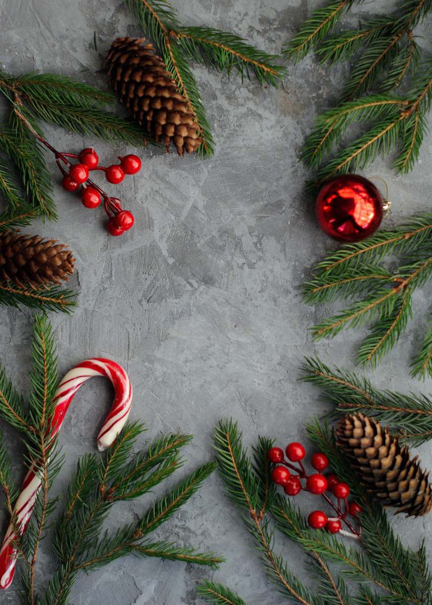 flat lay photography of pine cones, candy cane, green spruces, and mistletoes 