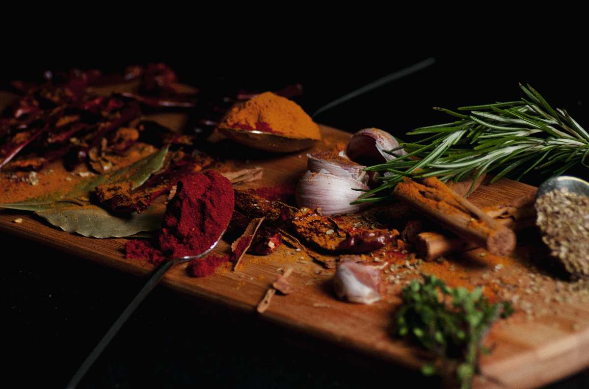plant spices on chopping board produce