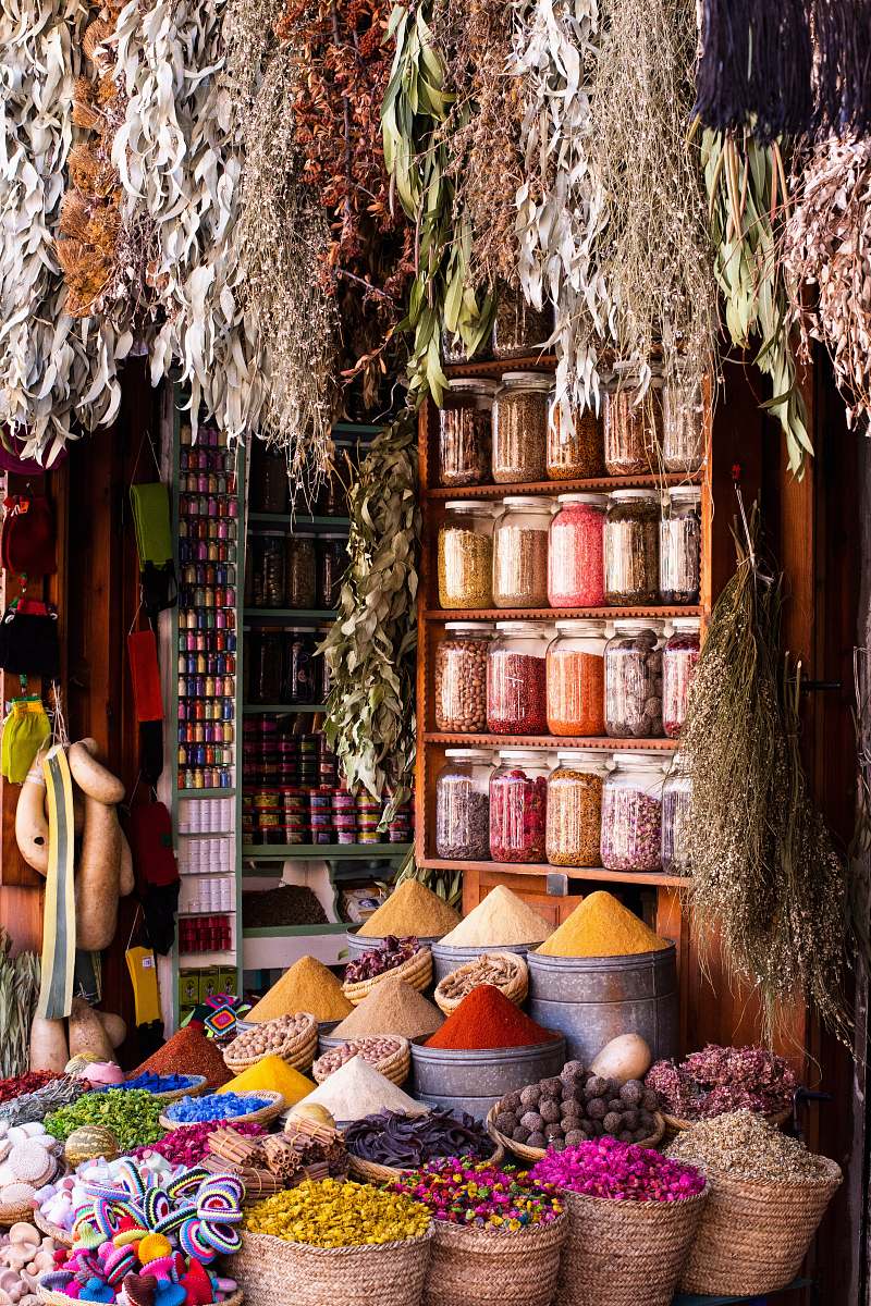 bazaar variety of spices in sack shop