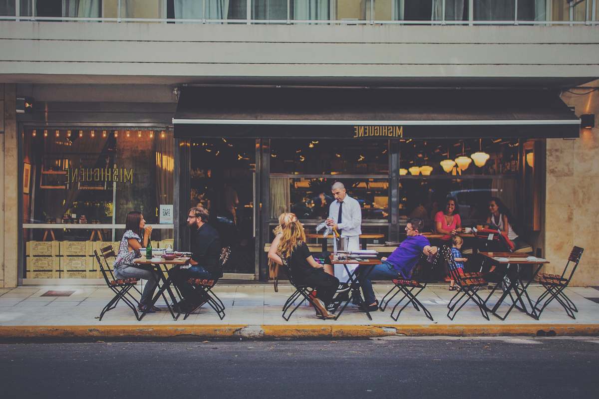 Person People Sitting On Chairs In Front Of Facade Restaurant Image ...