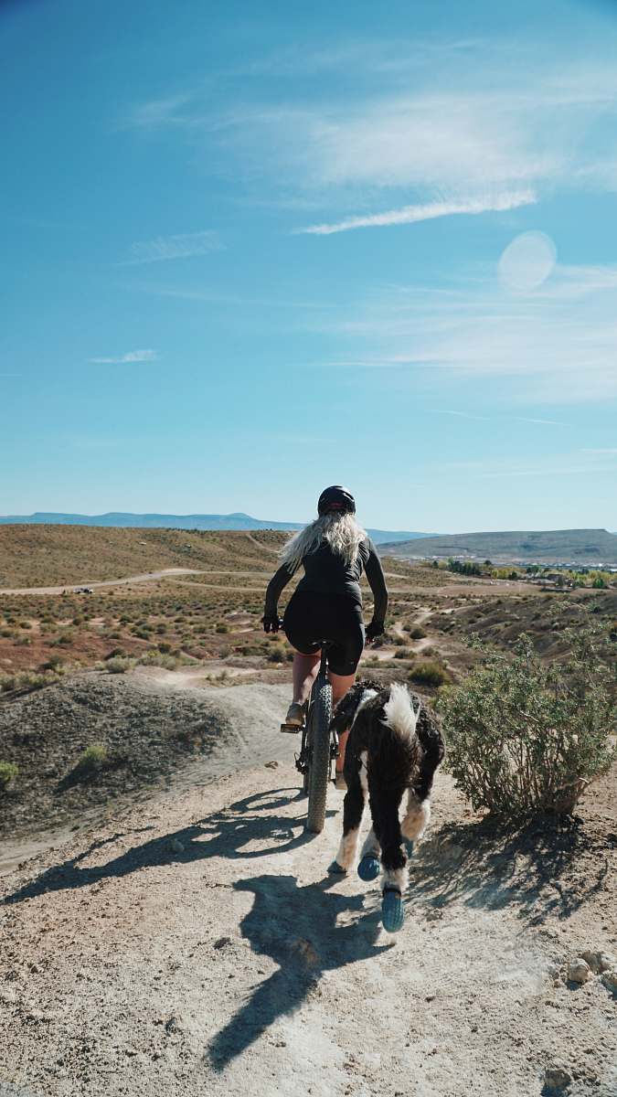 people woman riding fat bike running on road with black and white foal during daytime human