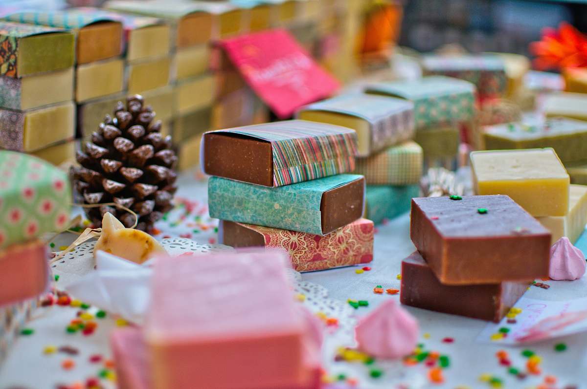 soaps assorted-color bar soap lot on white surface chocolate