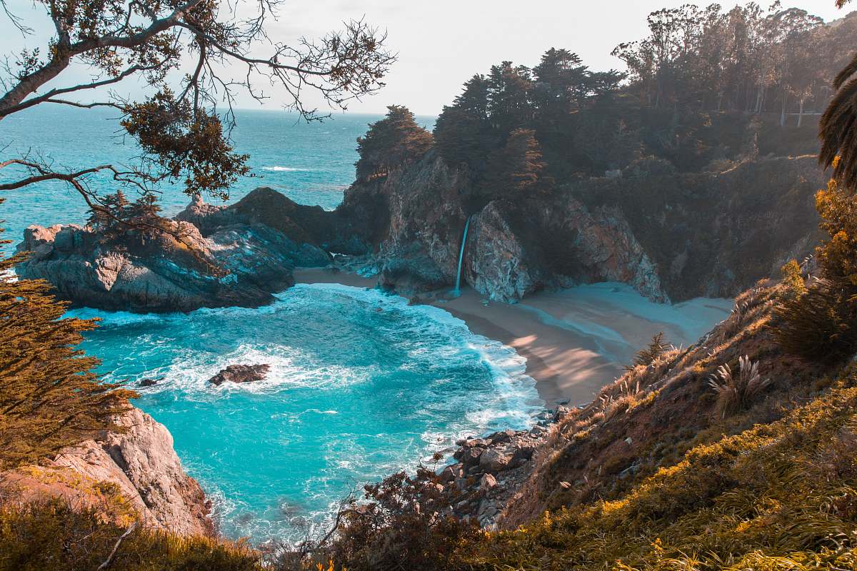 ocean body of water near trees and mountain cliff during daytime sea