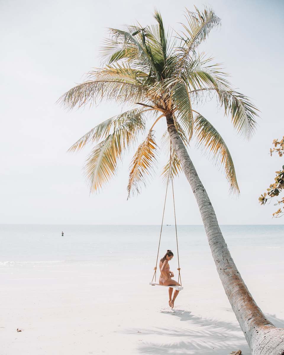 tree woman wearing bikini sitting on swing near coconut tree palm tree