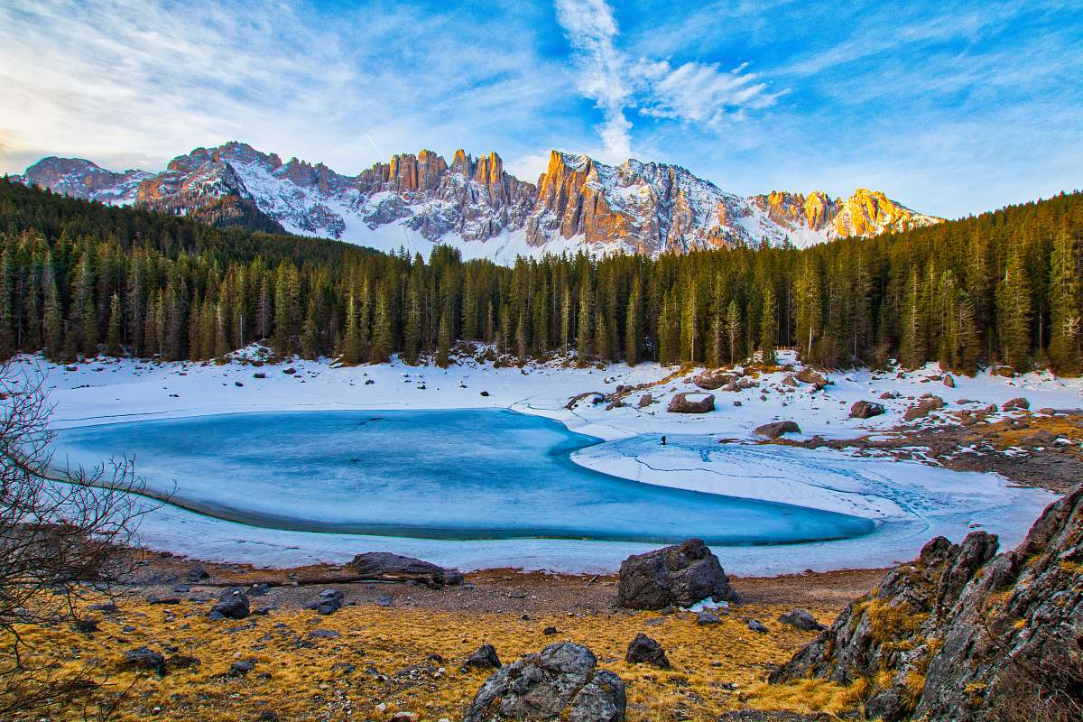 italy pine trees near body of water under white and blue sky mountain range