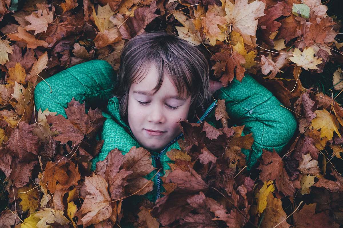 autumn closed eye boy laying on brown maple leaves sleeping
