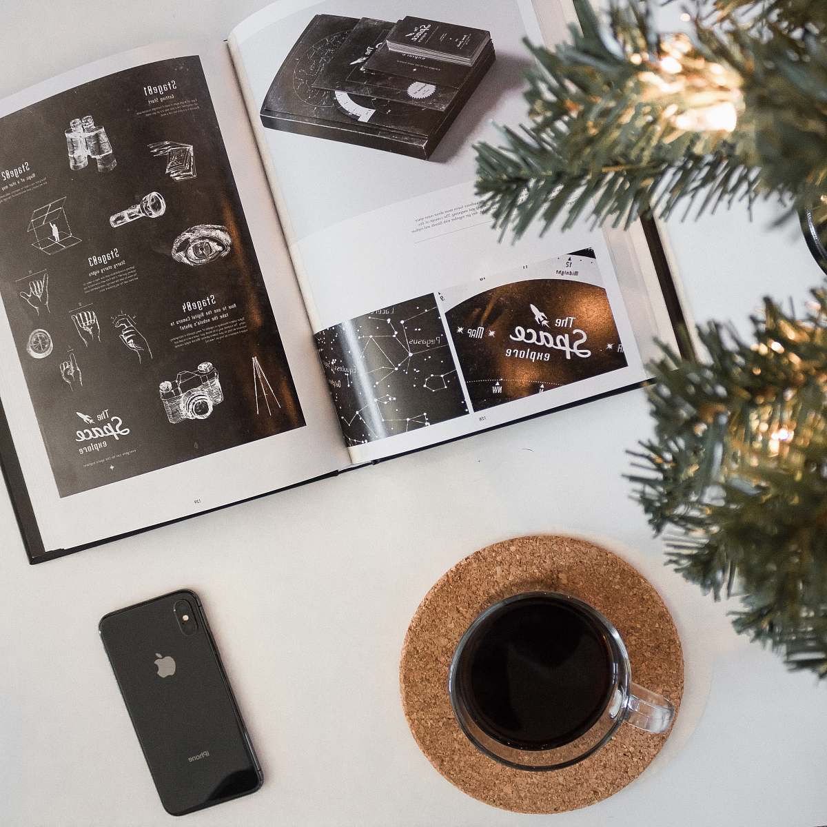 pottery photo of space gray iPhone 8 beside glass and brochure potted plant