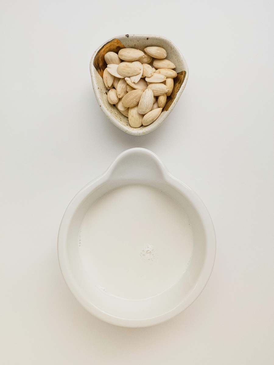 plant flat lay photography of an empty bowl and a bowl of white seeds bowl