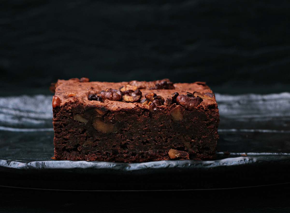 brownie sliced baked brownies on foiled tray chocolate