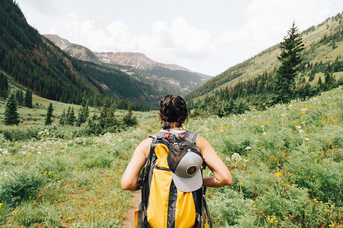 backpack person carrying yellow and black backpack walking between green plants adventure