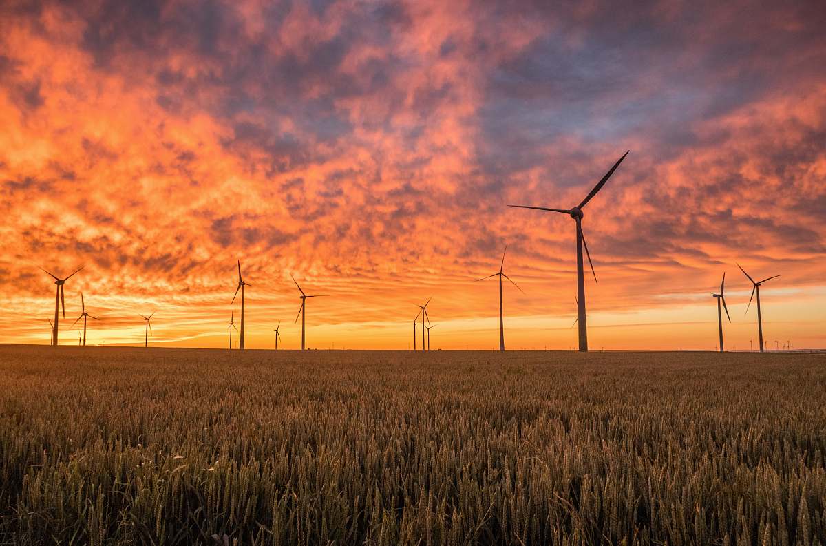 grass landscape photography of grass field with windmills under orange sunset energy