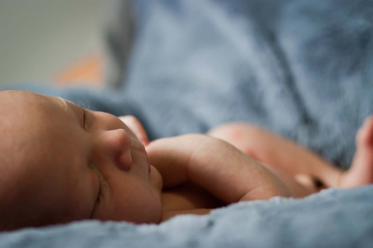newborn closeup photo of baby on blue blanket kid