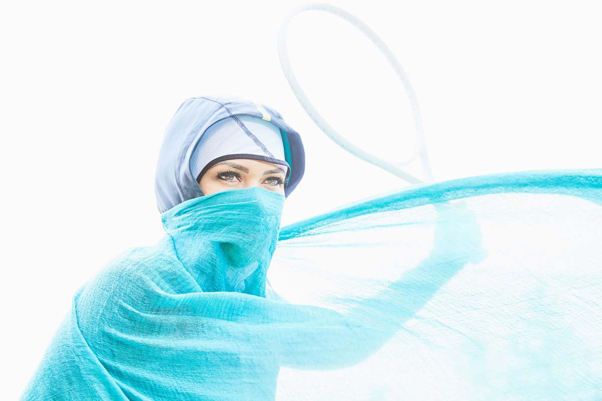 person woman with green cover in her face standing human