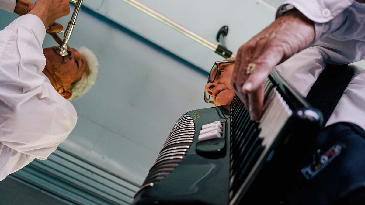 human man playing accordion person
