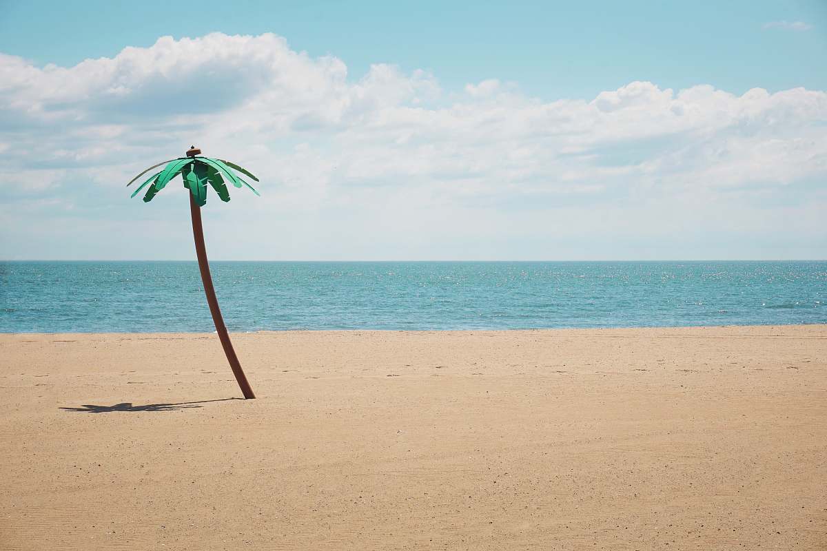 water green artificial palm tree on seashore ocean