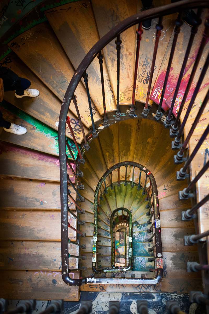 paris black metal framed brown wooden spiral ladder stair