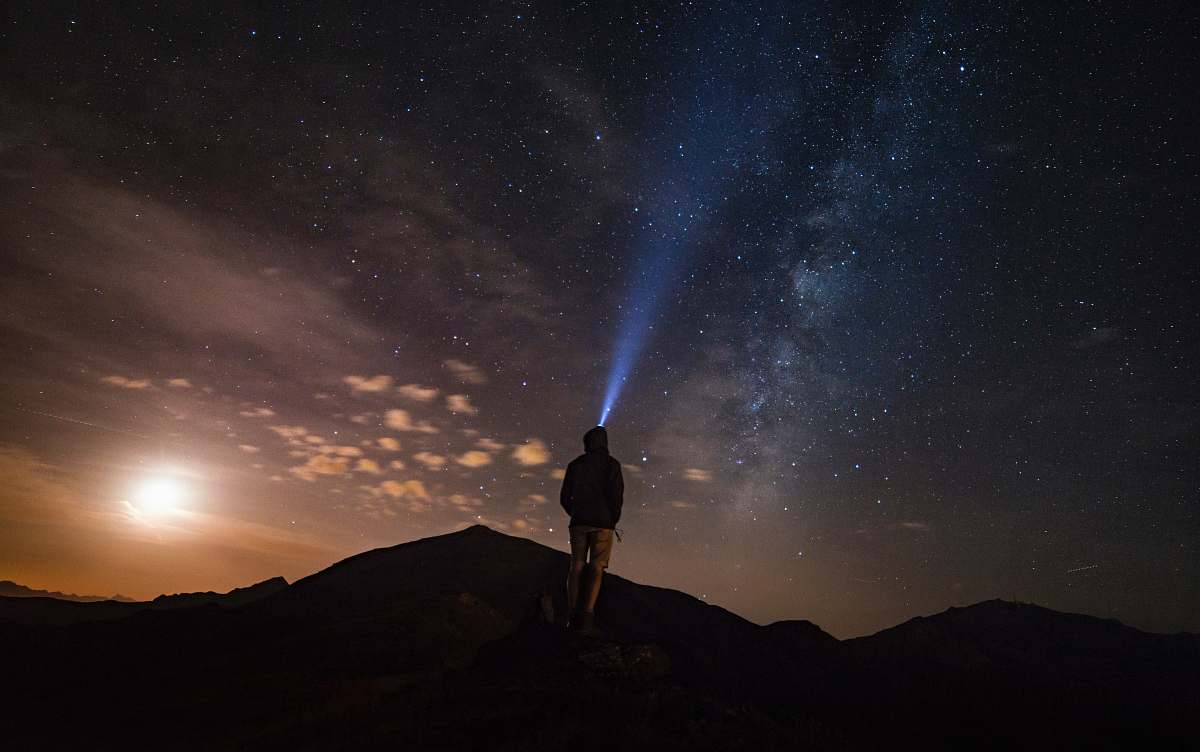 Outdoors Man Standing At Mountain Peak Under Starry Night Sky Human ...