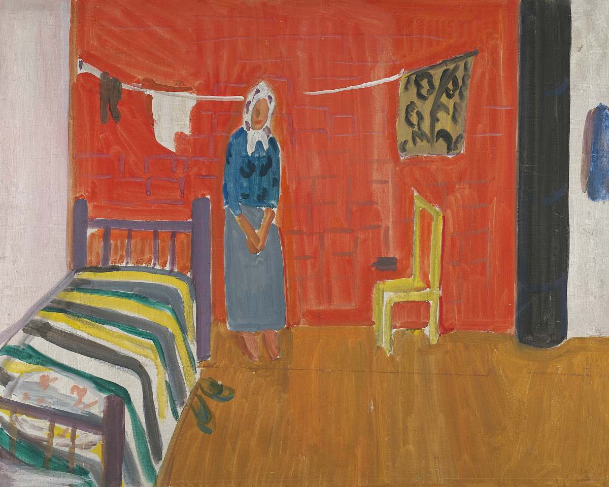 wood woman in blue and white dress standing on brown wooden floor woman