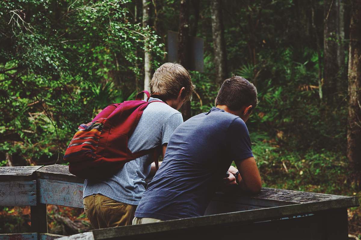 person two men leaning on fence human