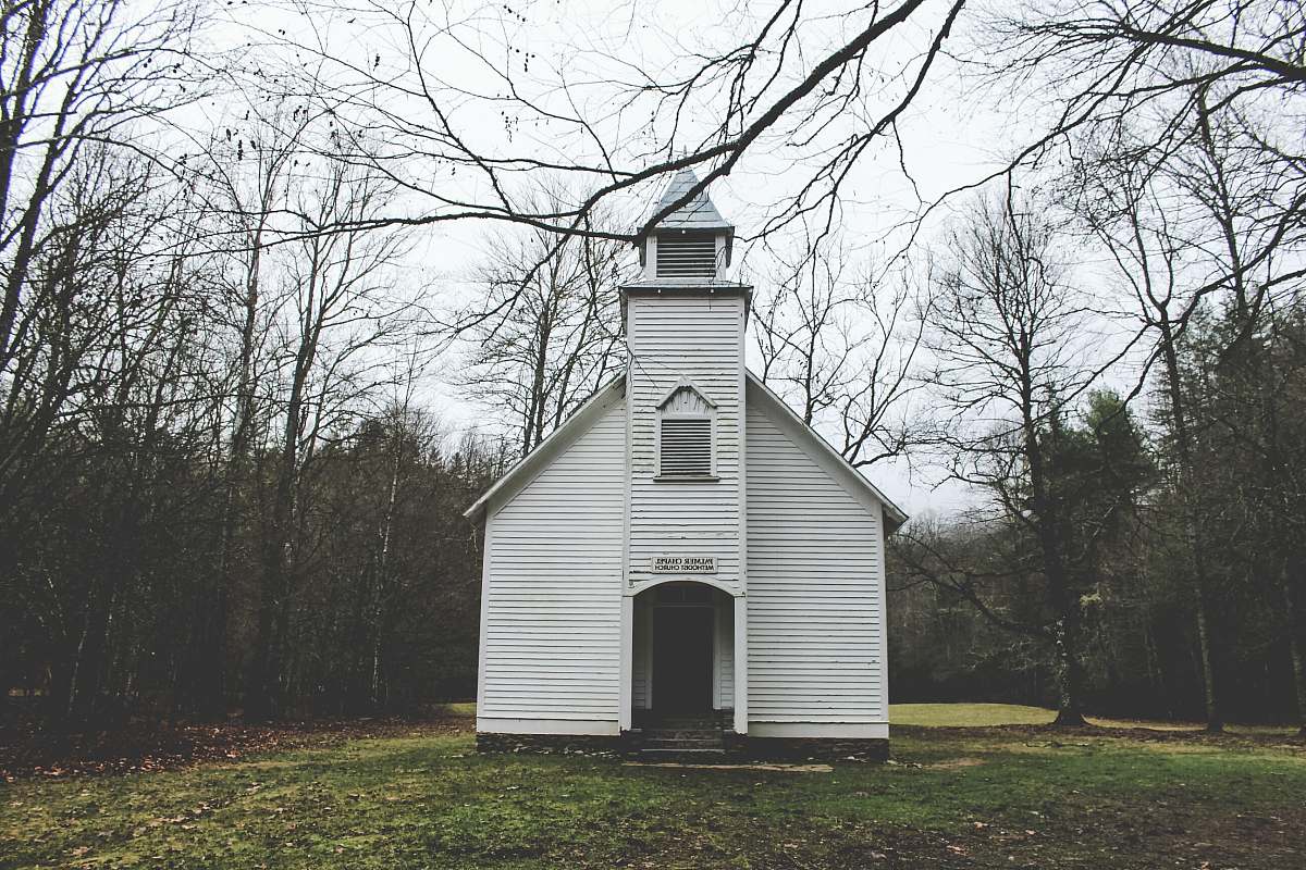 church photo of white wooden chapel surrounded by trees during daytime architecture