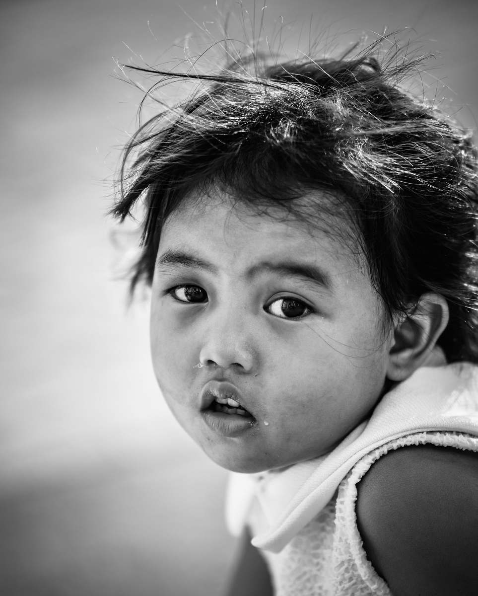 black-and-white toddler opening her mouth face