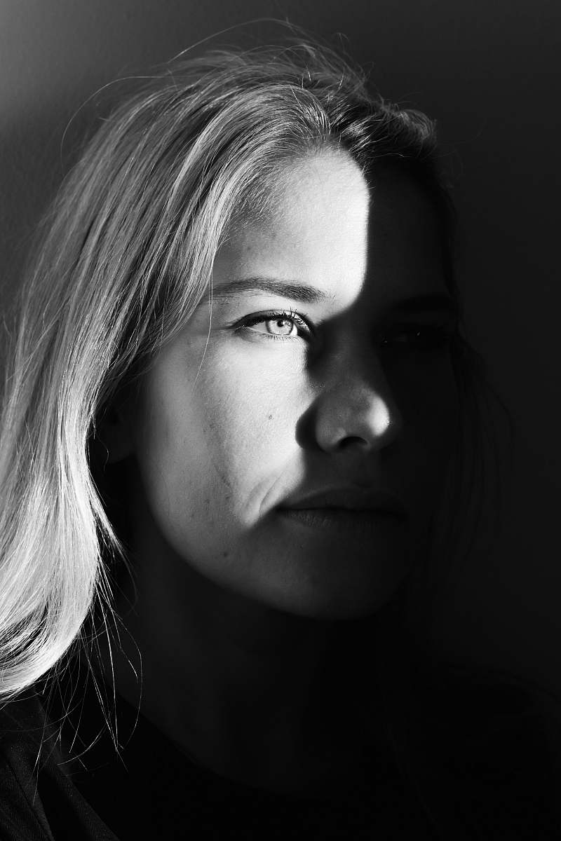black-and-white portrait photograph of woman face