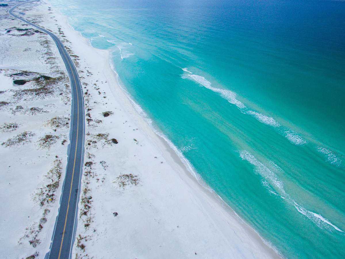 water aerial photo of beach near road during daytime ocean