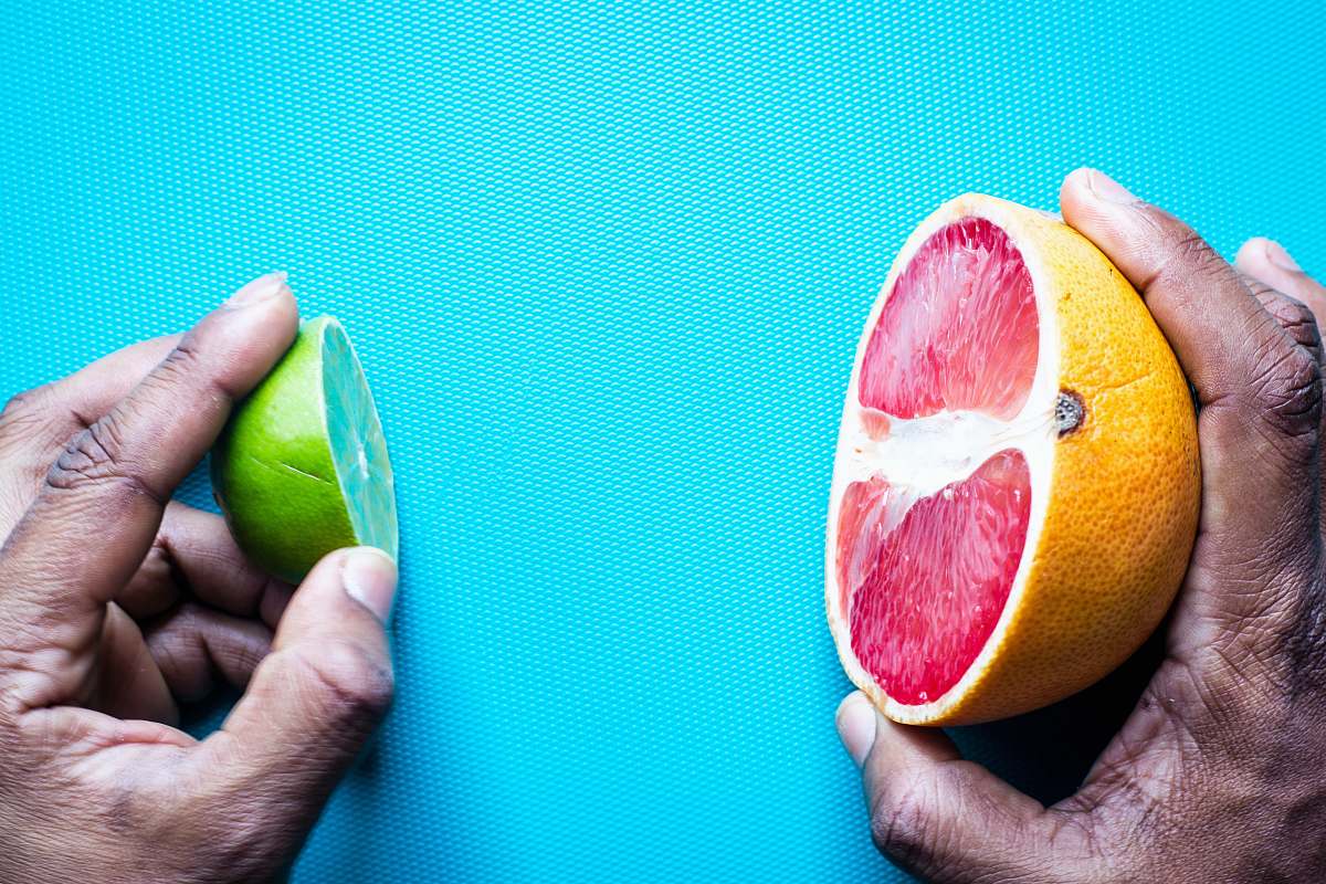 fruit sliced lemon on blue textile citrus fruit