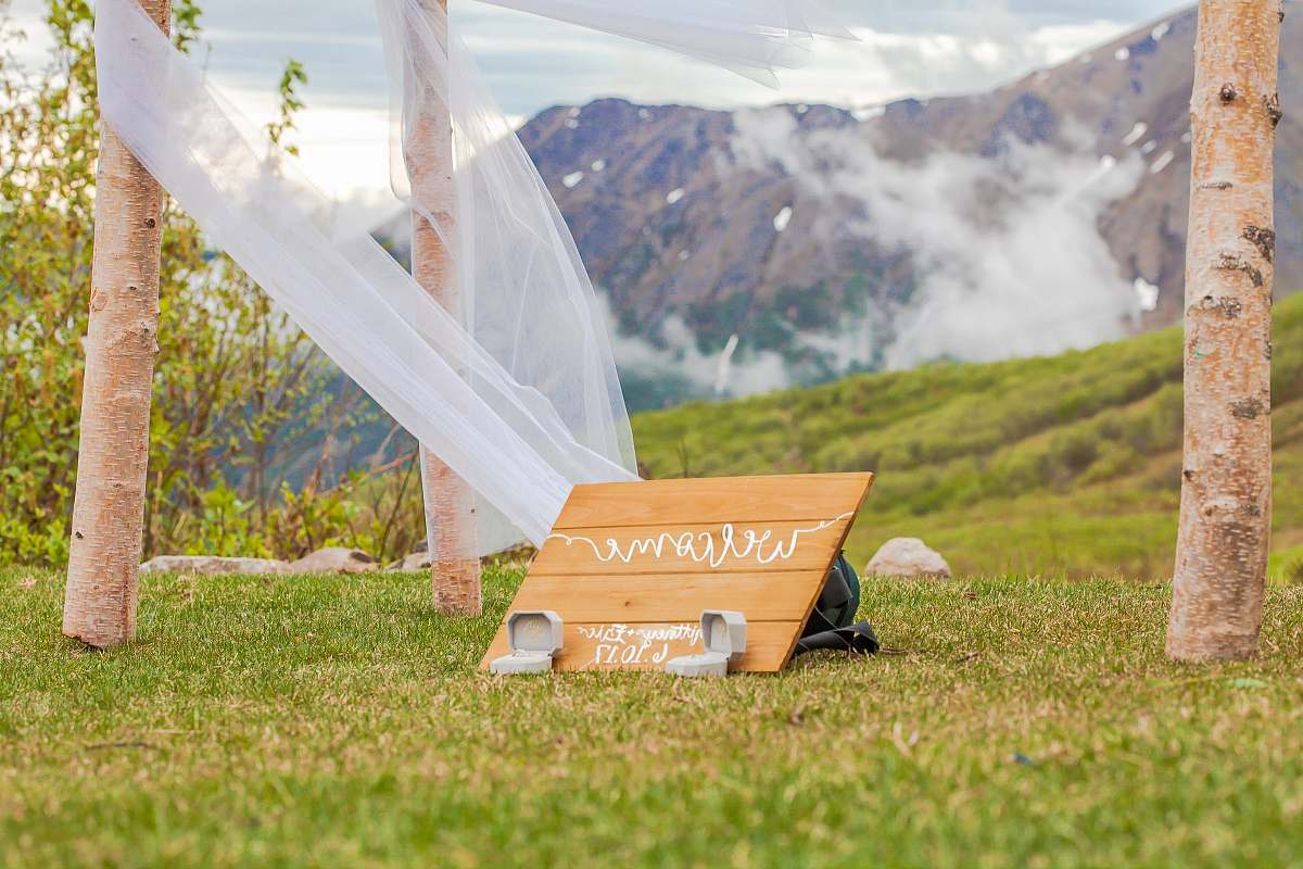 wedding welcome signage on grass field anchorage