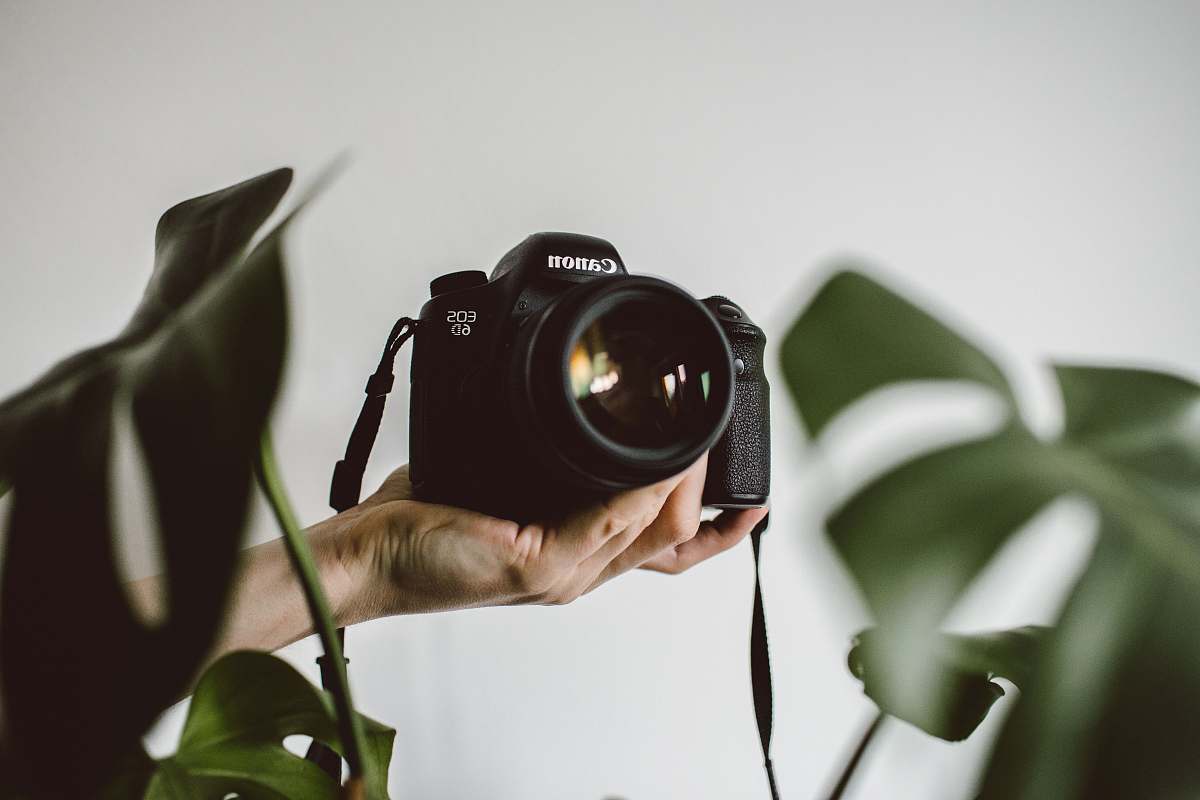 electronics person holding Canon EOS DSLR camera camera