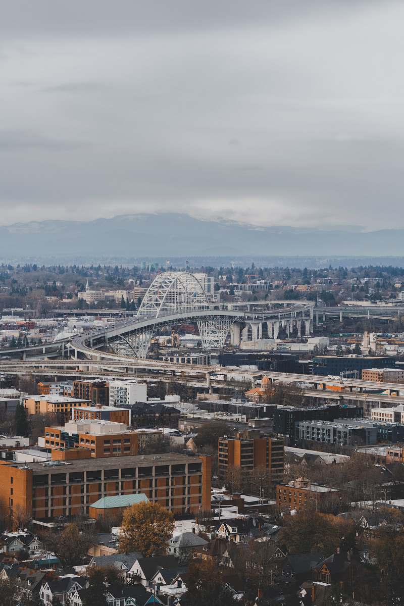 landscape aerial photography of city with high-rise buildings viewing mountain under gray sky outdoors