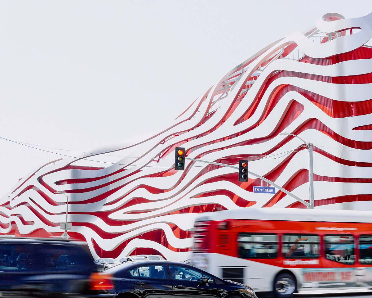 bus red and white building transportation