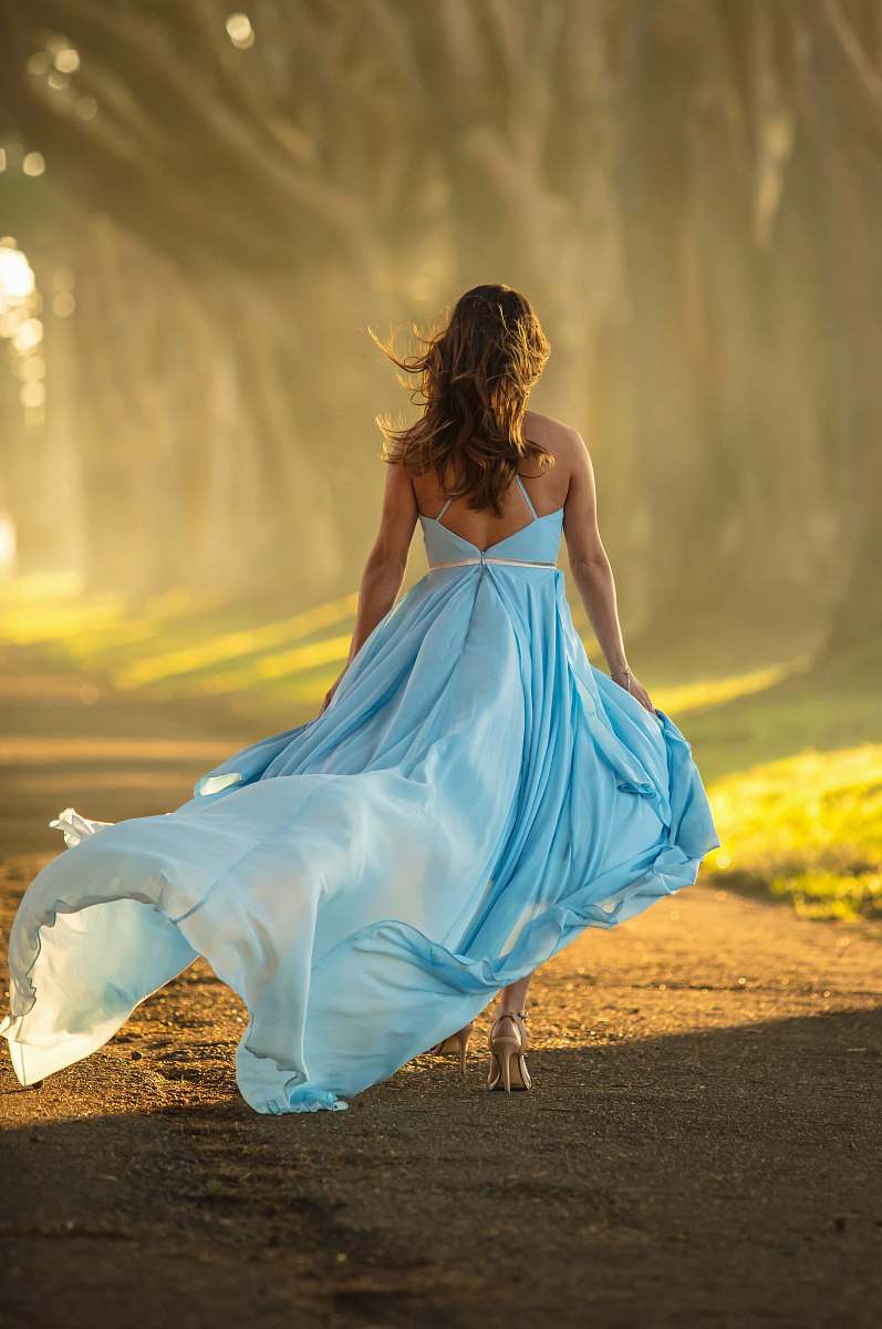 Clothing Woman In Blue Dress Walking On Road During Daytime Gown Image ...