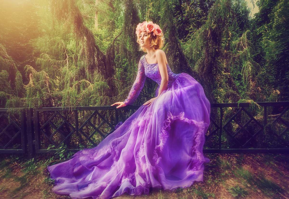 Apparel Woman Wearing Purple Dress In Forest Clothing Image Free Photo