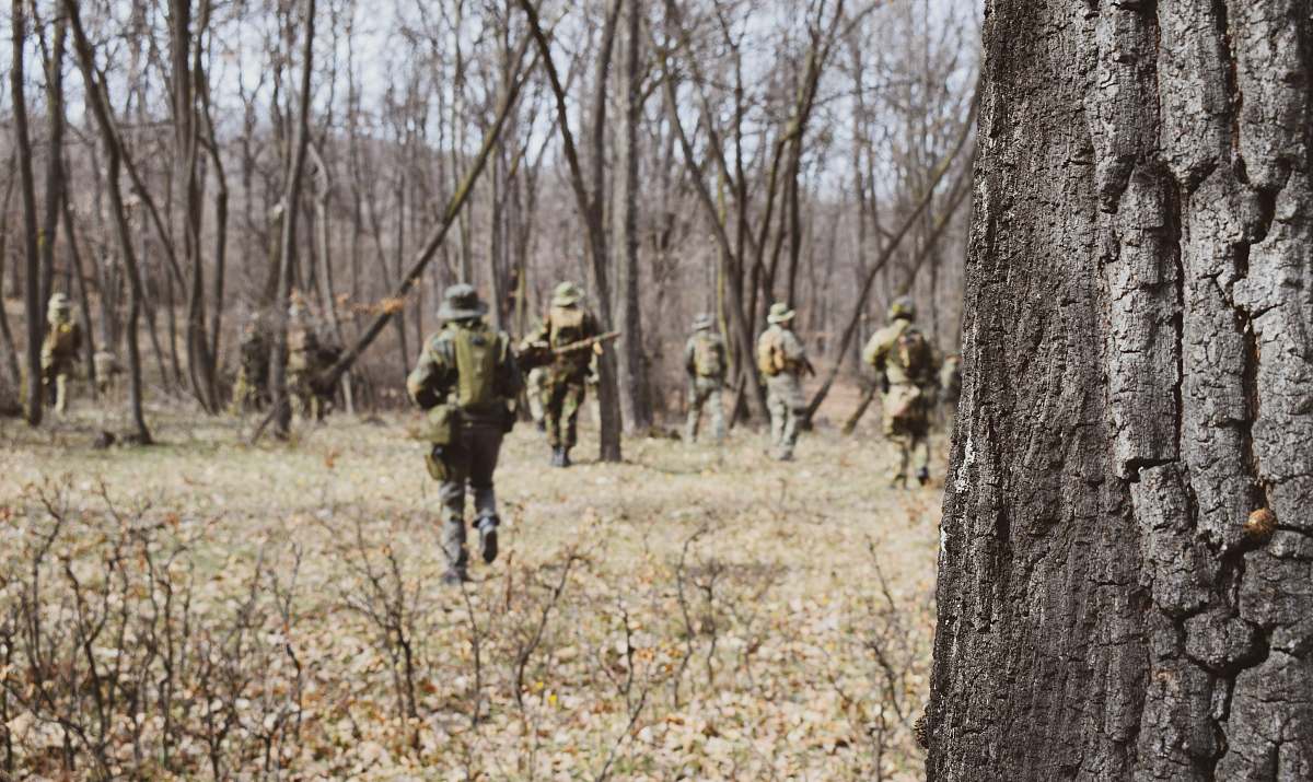 person soldiers walking near trees military