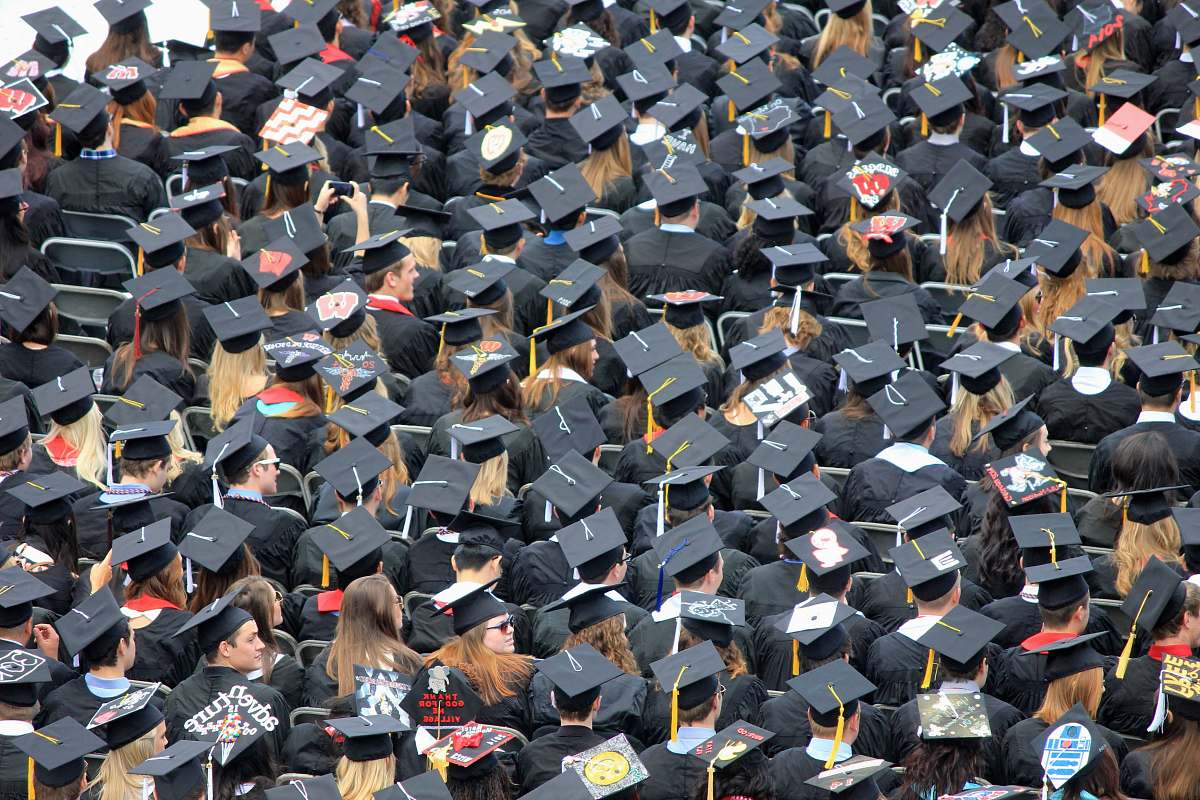 graduation aerial view of graduates wearing hats crowd