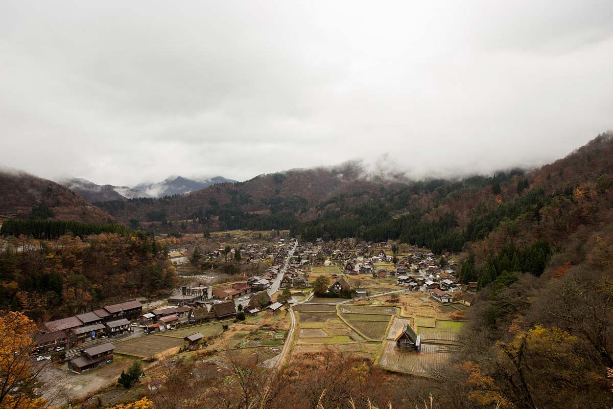 landscape aerial view of town in mountain building