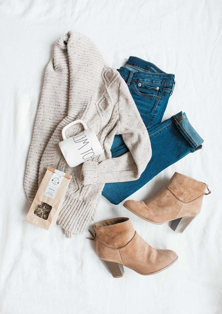 clothes gray cardigan, blue jeans, and pair of brown chunky heeled shoes clothing