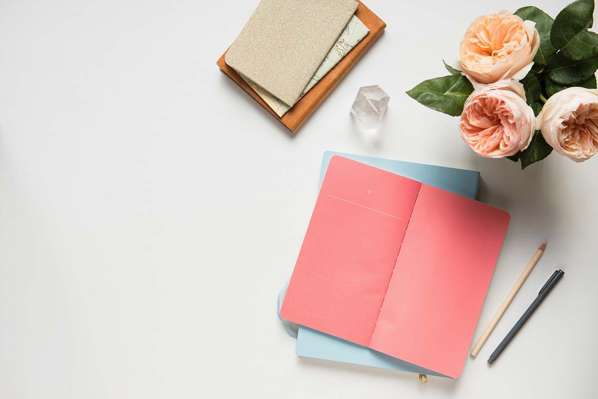 blossom pink covered book in top view photography flora