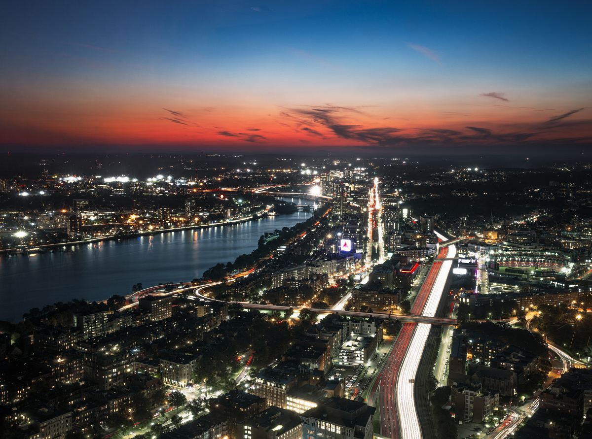 aerial view of lighted buildings