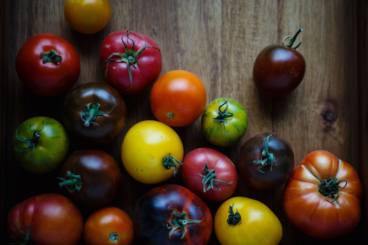 assorted-color tomatoes on brown wooden surface