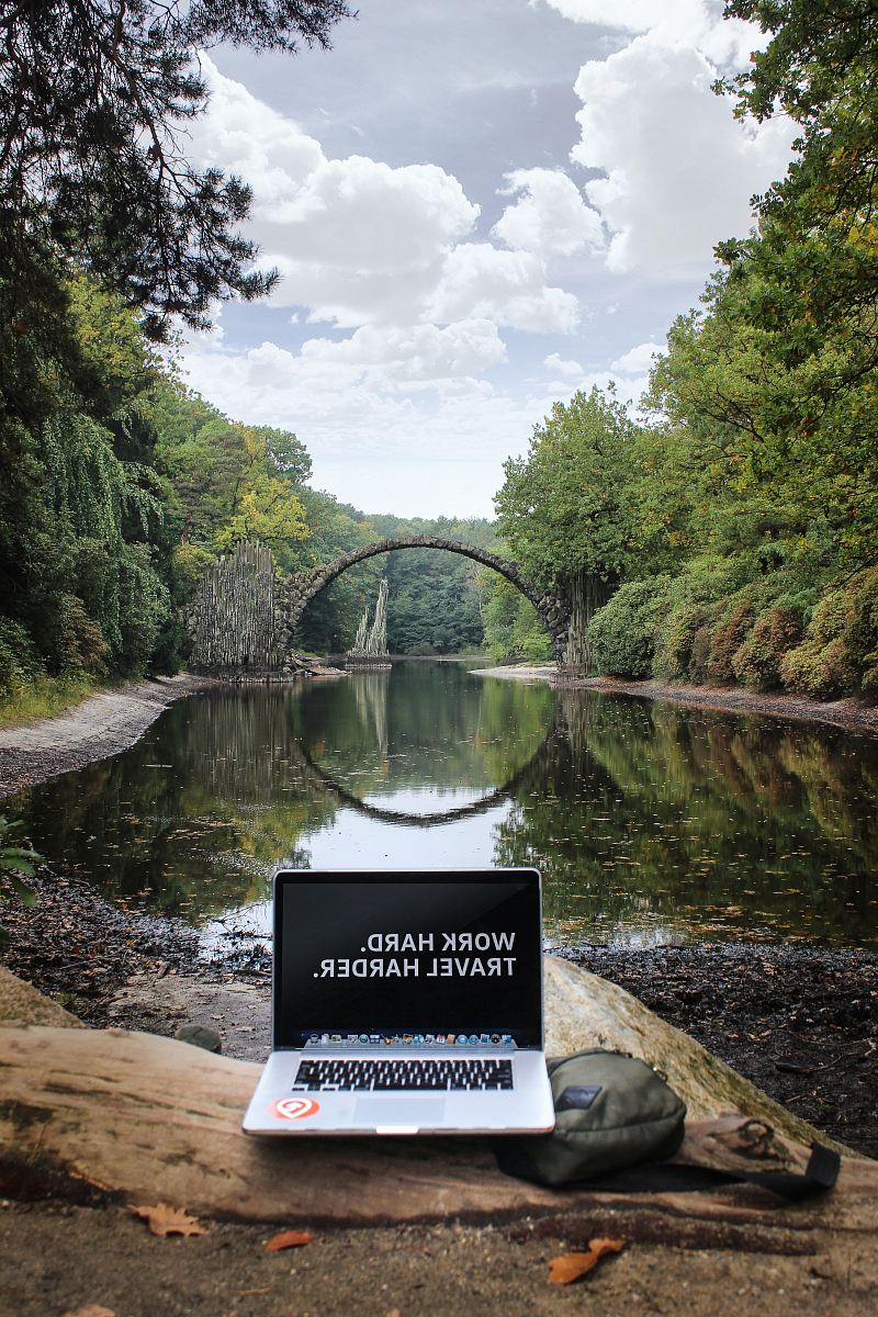 silver MacBook Pro on brown wood log