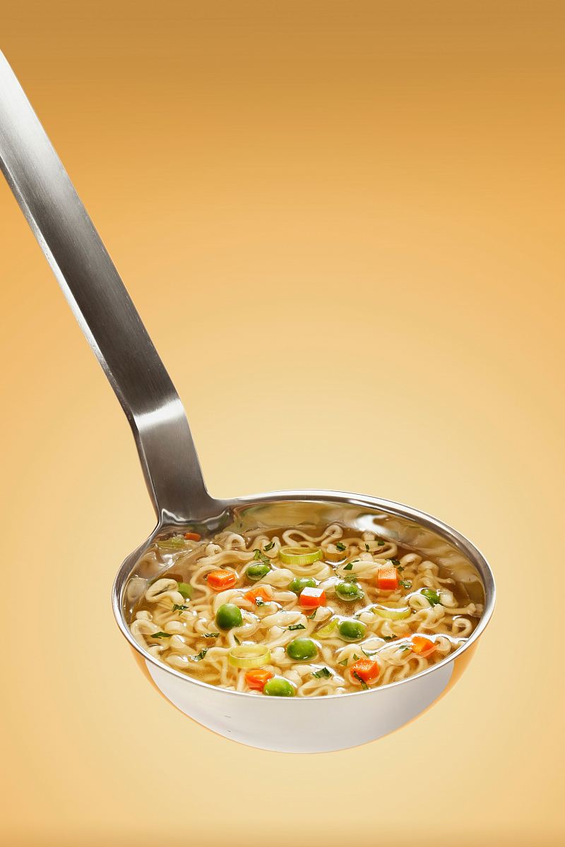 silver steel scoop with noodles