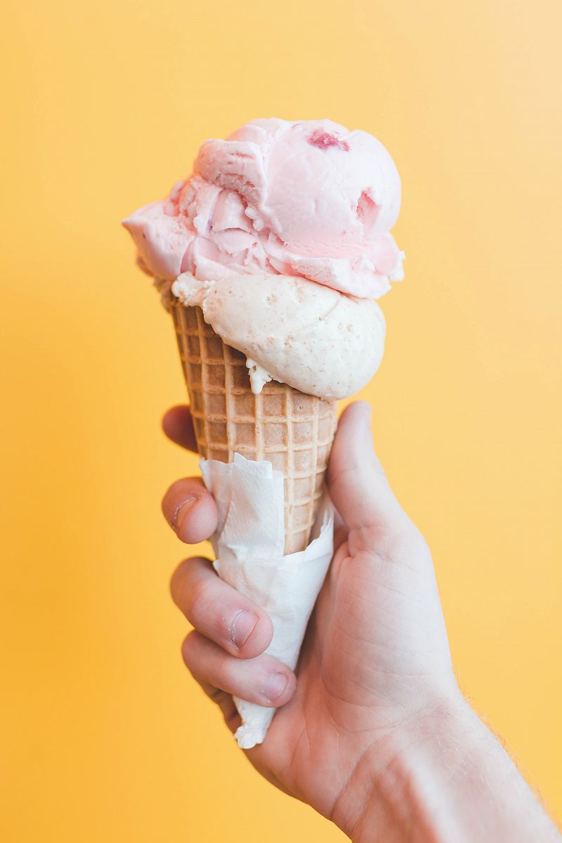 strawberry ice cream on cone